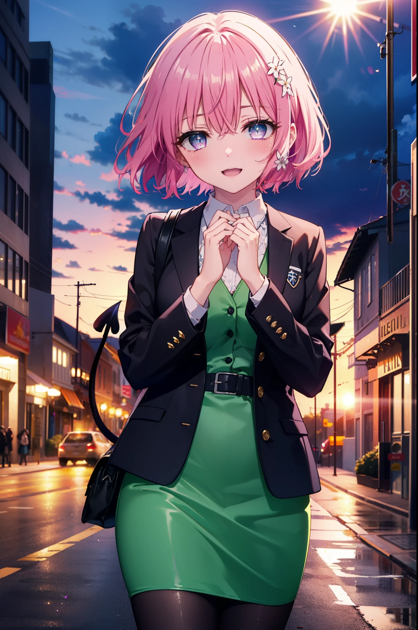 Momodeviluke, Deviluke type, demon tail, Hair Flowers, hair ornaments, (Purple eyes:1.1), Pink Hair, short hair, tail, happy smile, smile, Open your mouth,
break demon tail, Green Skirt, OL, Red glasses, end, black suit jacket, collared jacket, White dress shirt, Collared shirt, Neckline, button, strap, Black pencil skirt, Black pantyhose,Stiletto heels,morning,morning陽,The sun is rising,City Street,
break outdoors, In town,Building district,
break looking at viewer, (Cowboy Shot:1.5),
break (masterpiece:1.2), highest quality, High resolution, unity 8k wallpaper, (figure:0.8), (beautiful detailed eyes:1.6), extremely detailed face, Perfect lighting, extremely detailed CG, (Perfect hands, Perfect Anatomy),