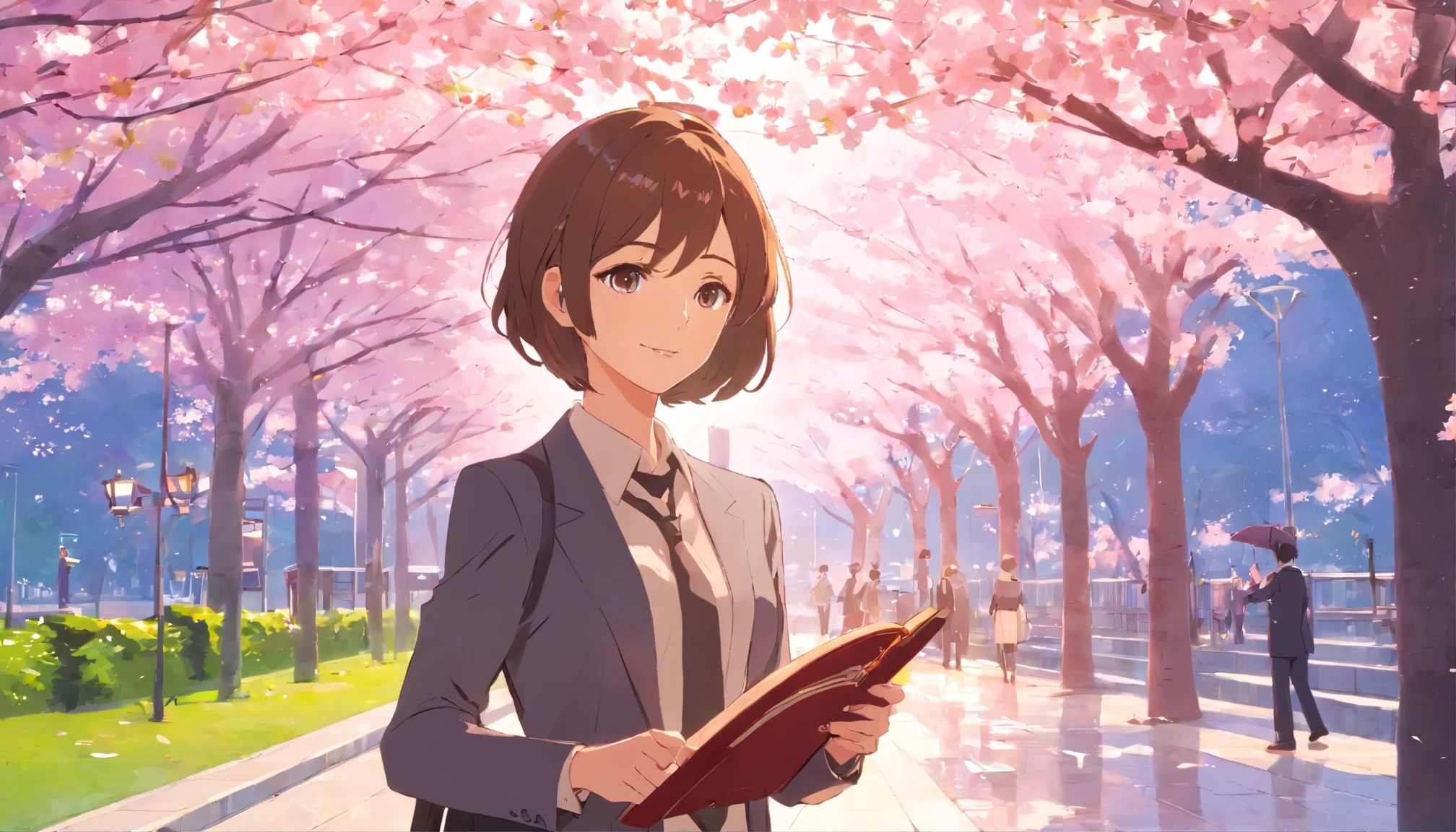 A pretty woman with short hair wearing a business suit、He has a business bag in his hand、Composition from bottom right、I am reading a book on SPI.、The background is a row of cherry blossom trees