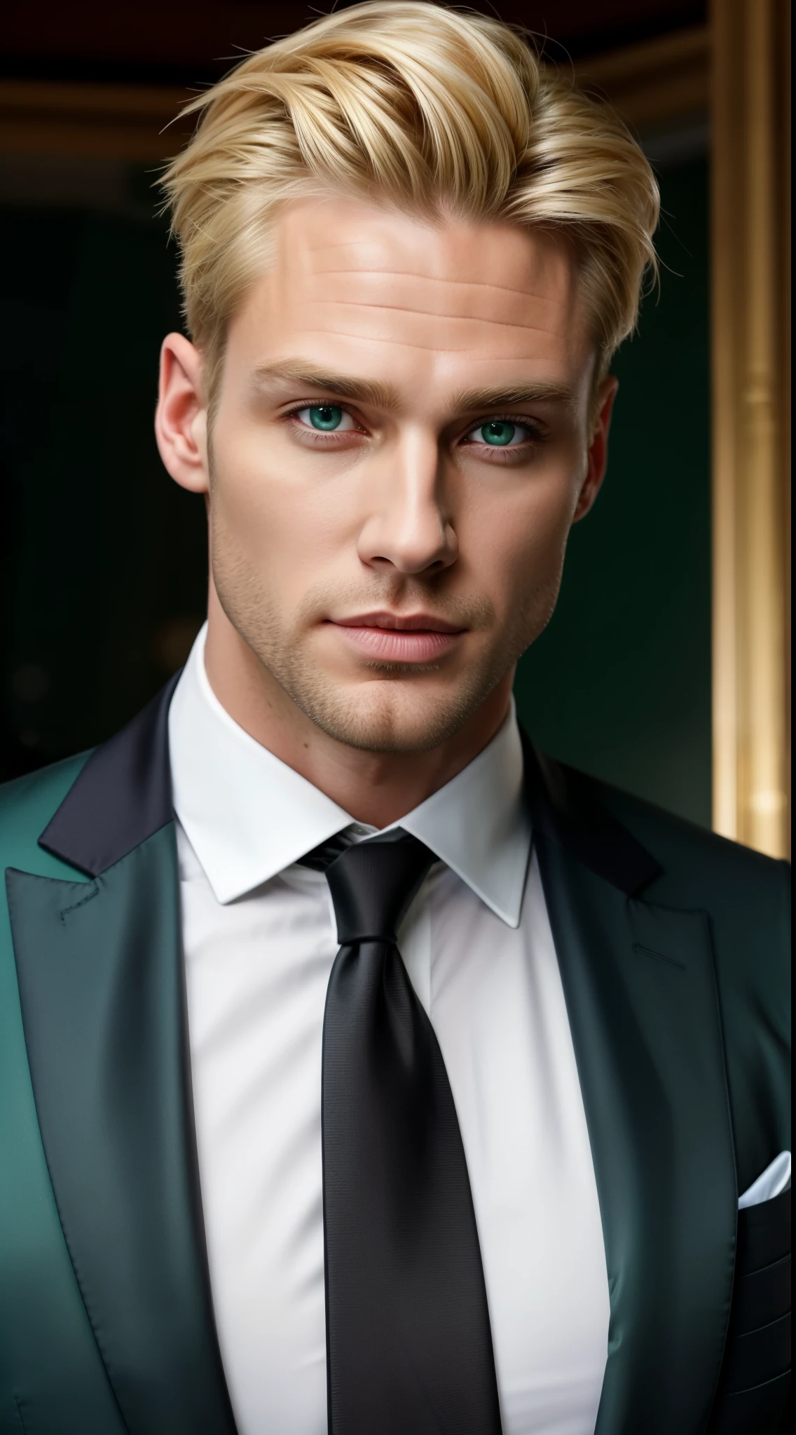 Man 33 years old, blond, muscular, handsome, perfect features, well-aligned hair, emerald green eyes, wearing a black suit, mobster.
