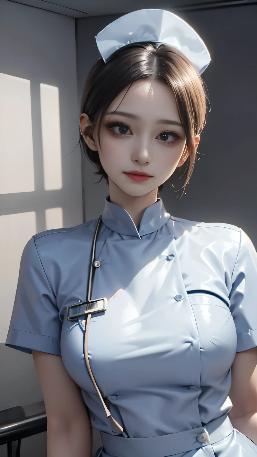 (masterpiece, highest quality, highest quality, Official Art, Beautiful and aesthetic:1.2), Cinematic lighting、(Key light at 45 degrees from the front,Orange fill light、Soft blue backlight、Strong shadows、Blue and orange color palette), Accurate human body、Detailed people、Correct five-finger、4K - ultra-vivid、highest quality, masterpiece, Ultra-high resolution, Detailed Background、The perfect background、
((Oily skin,Sparkling Skin、Realistic skin texture、Detailed beautiful skin、Shiny skin、Slimy skin、Glowing Skin、Shiny skin)), White skin, Real human skin, (be familiar with), Oval Face, pore, Ultra-high resolution, (8K, RAW Photos, Realistic: 1.4), One Girl, slim, (Gentle, goddess-like eyes) happiness: 1.2), (Lip gloss, eyelash, Gloss Face, highest quality, Ultra-high resolution, wide lighting, Natural Shading)、sexy nurse、(On all fours on the bed:0.5), Absolute area、long beautiful thin legs、low length、Hospital room、hospital、Sexy smile expression:0.8, (Closed curtains、Dark, unlit room:0.8)