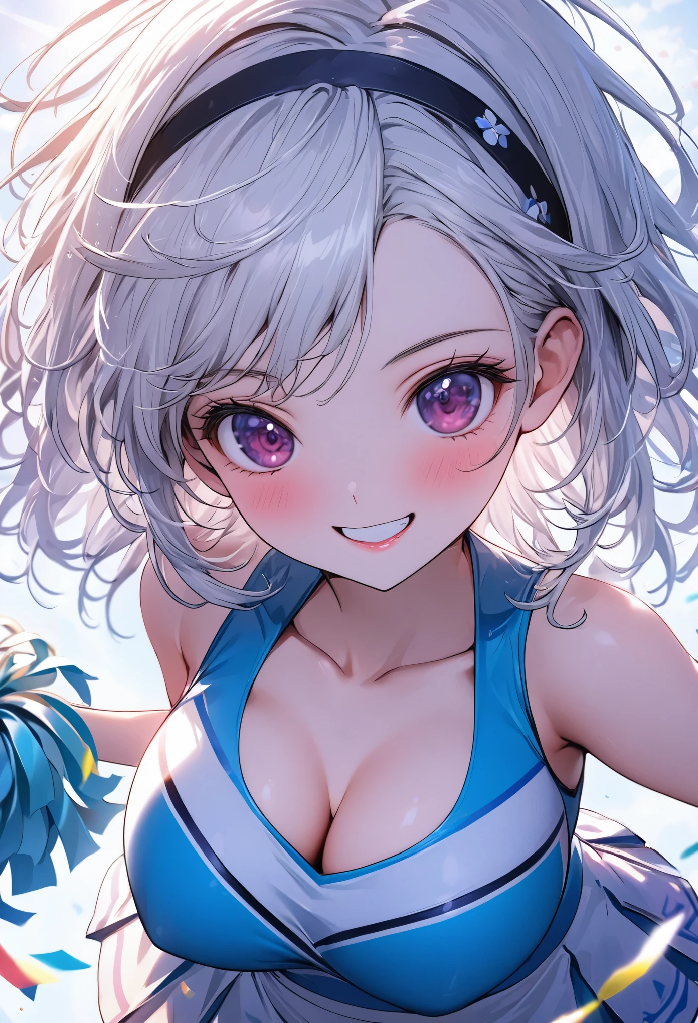 (masterpiece:1.3), (8k、highest quality:1.4), (Best image quality, Intricate details, High resolution, Depth Field, Natural light, Professional Lighting), (1 girl), (alone), (Asian Girl, Very beautiful 18 year old manga girl), (Very beautiful woman、A charming beautiful woman, 美しい銀髪のBobcut, 強い青いeye, 強いeyeのハイライト, Very large breasts, Perfect Anatomy, Dynamic Lighting, Lip gloss), A beautiful face with perfect symmetry, Beautiful detailed woman, Very beautiful detailed face, とても美しい詳細なeye, Smile at the audience, Smiling very happily, Beautiful Teeth, Beautiful Teeth alignment, Very detailed, Very detailed, Beautiful Teeth, Beautiful Teeth alignment, Very detailed, Very detailed, ((Detailed cheerleader:1.2)), The light shines on your face, ((Dynamic pose)), Bobcut, Crossed bangs, Asymmetrical bangs, Long neck, Show me your ears, Vanish'eye, eyelash, cute, Very large breasts、Very beautiful and big, very beautiful breast shape, Beautiful cleavage, Tall Supermodels, Long-legged supermodel, Supermodel dressed as a cheerleader, Strike a Pose, Dressed as a cheerleader, Woman close up, To the camera, Laughter, (Cheerleader Outfits), ((head band, Sleeveless shirt with open chest, flare skirt, mini skirt)), A young and slender gravure idol, Young Gravure Idol, Young Gravure Idol, Stadium background in the daytime