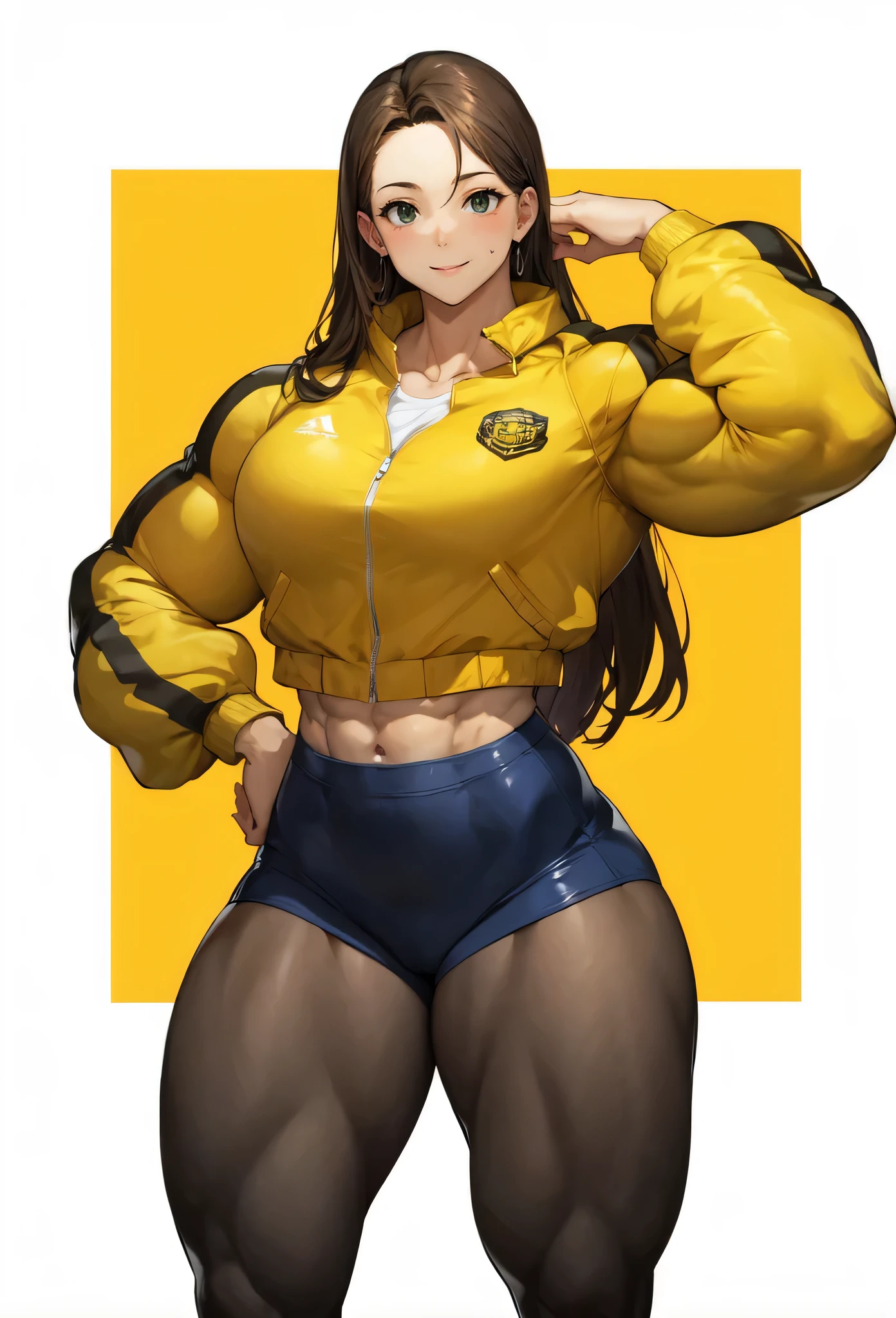 ,tall girl,solo, muscular female, alternate muscle size,,muscular ,biceps,,yellow jacket,black pantyhose,muscular thighs,