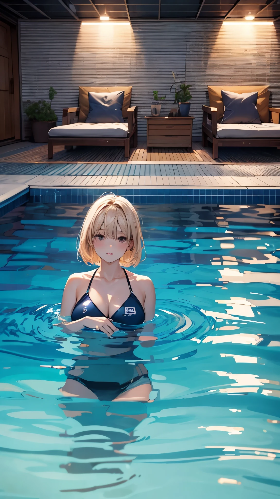 Inside the backroom’s world,Inside the closed pool rooms,luminal space,one 20years old woman,blonde short hair,sitting on the pool side,