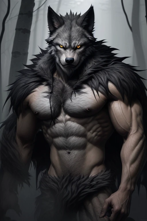 Lycanthrope with wolf head dark gray fur all over his body muscular build sharp claws yellow eyes looking straight ahead at the viewer in a foggy forest background