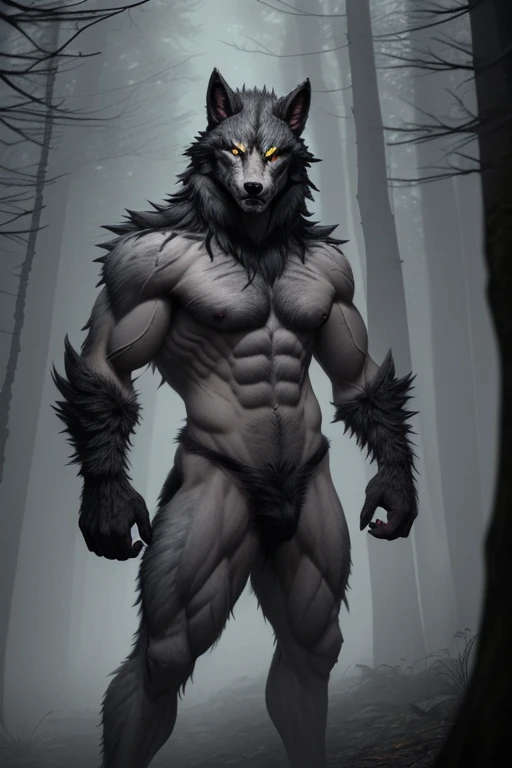 Lycanthrope with wolf head dark gray fur all over his body muscular build sharp claws yellow eyes looking straight ahead at the viewer in a foggy forest background 