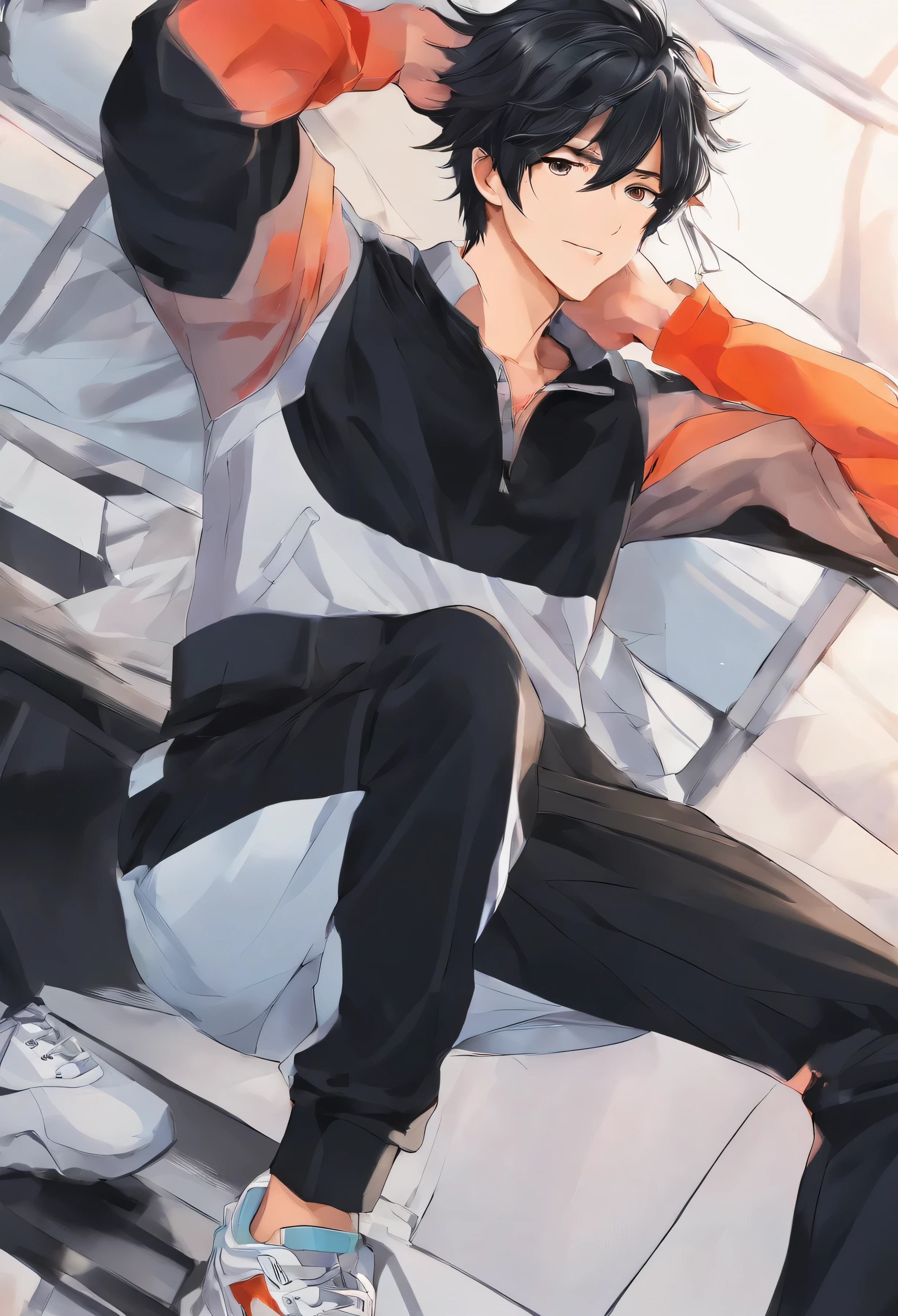 black hair, 8k wallpaper, super detail, body fit Polo black,black slick pants,shoes, sitting legs open wide, looking at the camera, handsome guy,