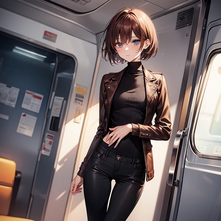 Masterpiece、Subtle details、Adult women、Sophisticated、On a city train、Slender beauty、delicate、Model-like body、Cut and sew、Knitwear with a high neck、leather jacket、Riders jacket、Low rise skinny pants、tall、Stylish、Small breasts、Sharp Eyes、Cool Beauty、older sister、Pixie Cut、The hair ends are trimmed、short nape、Hair with reduced volume、Thick-soled boots、Reddish brown hair、