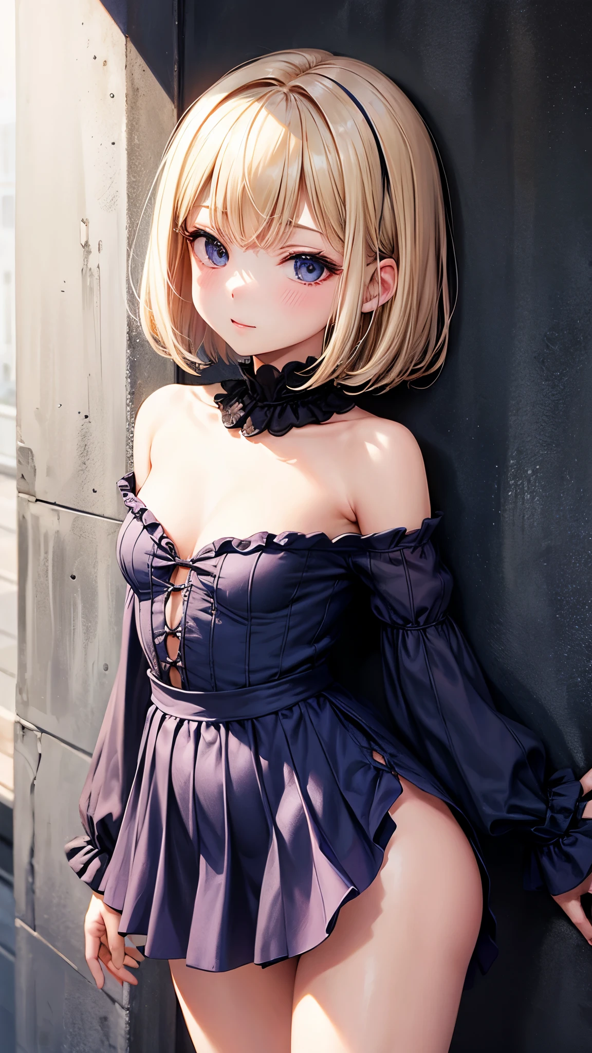 highest quality、4K quality、lean against the wall、Beautiful cleavage、Tube knit shirt、Frilled Skirt、Beautiful Style、tall、Small breasts、Shooting from behind、Looking back、Bare buttocks、Small Ass、Blonde short bob、Put your hands on the wall、Shy face、Small face、Bare shoulders