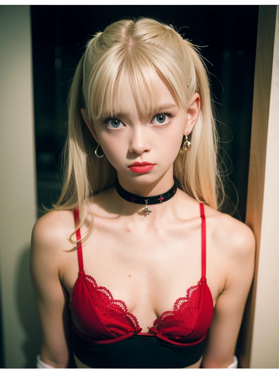 1girl, blonde hair, red eyes, choker. Mini bra, ear piercings, small breasts