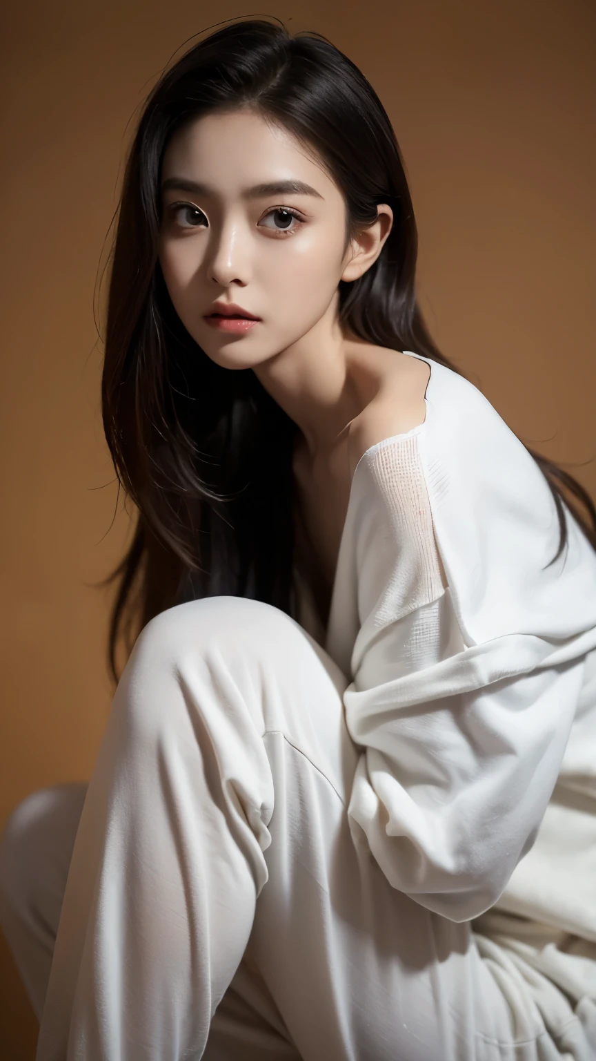 (Photorealistic),(Masterpiece),(ultra-detailed),a close shot of very beautiful and tall but so delicate and weak and thin and fragile and slender because she hasn’t eaten for a month,wearing a loose crop hoodie and loose sweat pants ,have absolutely no fat or muscles, quite tall but very small and feeble and fragile body frame and figure,enduring extreme hunger,big eyes and very small face,about to faint but resisting,extremely severely malnourished,trying to stay positive,legs and waist thin as arms,hunger in eyes, sitting on a chair,can see all her bones