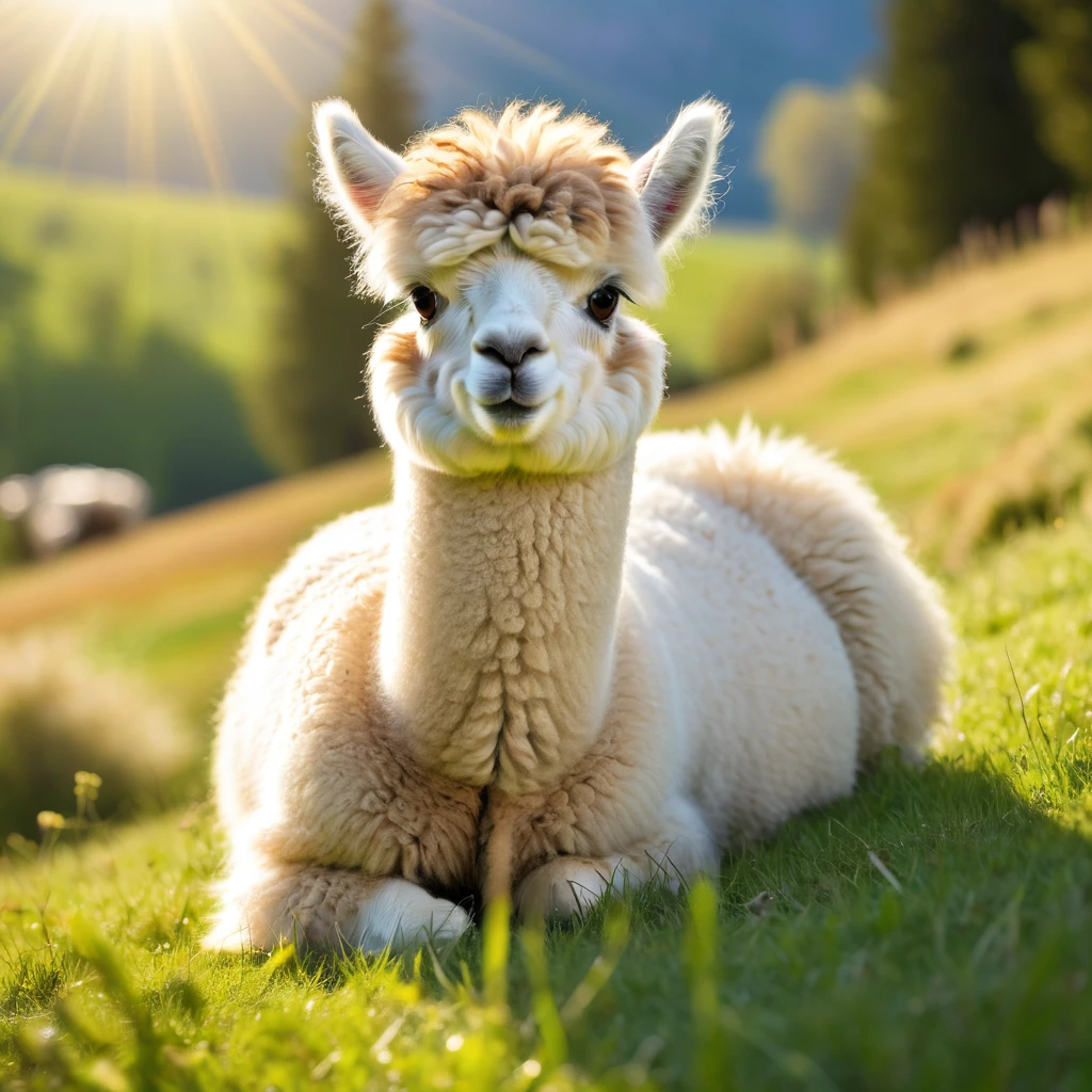 fluffy alpaca,furry,curly hair,large expressive eyes,nose twitching,gentle temperament,grazing peacefully in a colorful meadow,sunlight filtering through the trees,soft wool,followed by its adorable cria,lush green grass,sweet expression,friendly animal,subtle shades of brown and beige,beautiful landscape,pastoral scene,high resolution image (best quality,4k,8k,highres,masterpiece:1.2),vivid colors,naturally lit,sharp focus,bokeh,photorealistic,professional