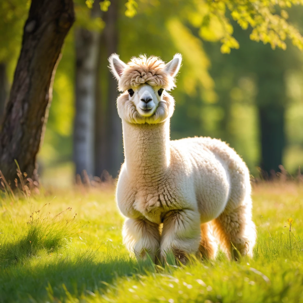 fluffy alpaca,furry,curly hair,large expressive eyes,nose twitching,gentle temperament,grazing peacefully in a colorful meadow,sunlight filtering through the trees,soft wool,followed by its adorable cria,lush green grass,sweet expression,friendly animal,subtle shades of brown and beige,beautiful landscape,pastoral scene,high resolution image (best quality,4k,8k,highres,masterpiece:1.2),vivid colors,naturally lit,sharp focus,bokeh,photorealistic,professional