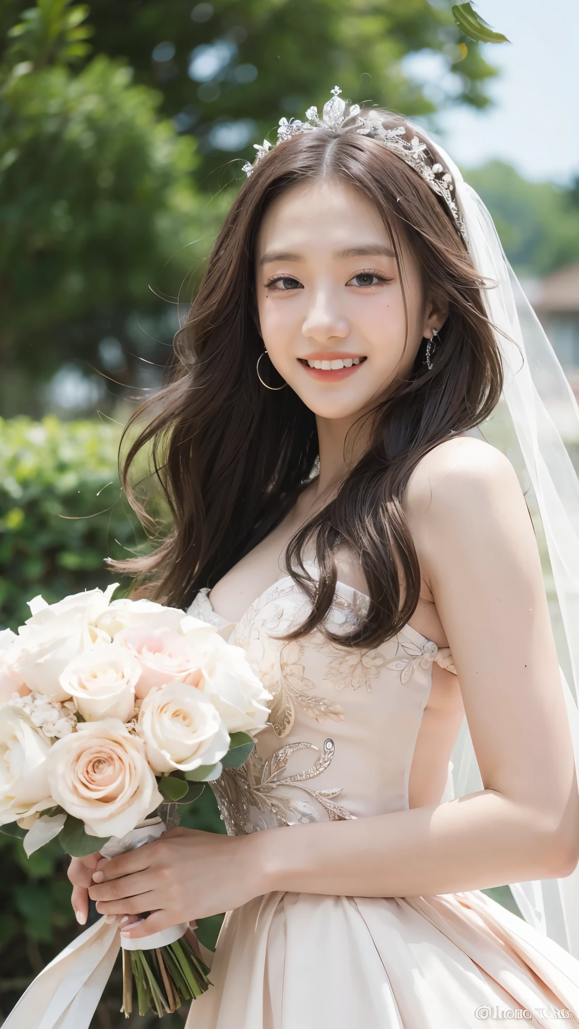 (best quality, masterpiece:1.2), (realistic:1.3),, (ultra-detailed background, detailed background), bokeh,, , gorgeous prom dresses, luxury prom dresses, wedding dress, bridal veil, bridal gauntlets, bridal cascading bouquet,, upper body,, wedding at church,, , 1girl, cute, age, posing, smiling,, dynamic angle, dynamic pose,, , very long hair