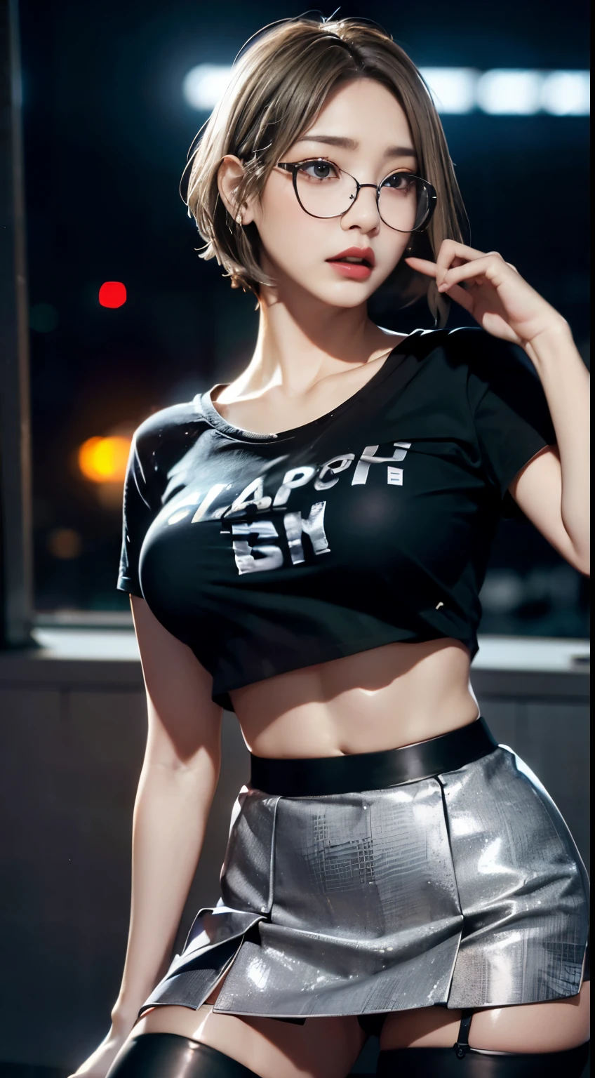 4K quality、The best high quality masterpiece、Punk girl wearing thin silver glasses and a black shirt, (heavy makeup), Blurred city background at sunrise, short hair, detailed face, high quality, High resolution、(full shot:1.8), big breastini skirt、garter belt and black stockings