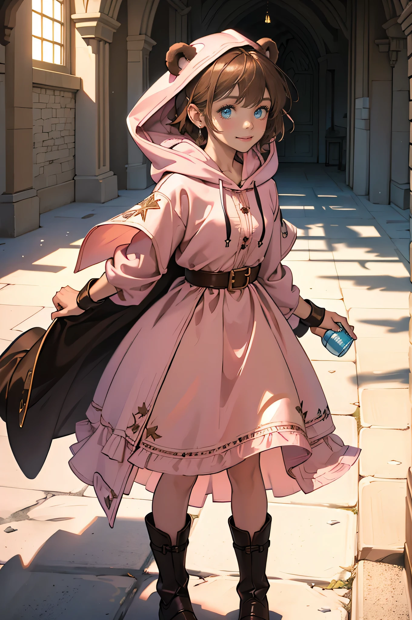 masterpiece, ultra detailed, 8K Portrait, Raw photo, a portrait photo of, Highly detailed face, beautiful and meticulous eyes, ((Fantasy)), 7 year old girl, , Light brown short hair, Kind face, Cute smile, adventurer, (((Little bear ear attached Hooded))) (((Pink-brown silk long-caped))) Fluttering in the wind, Leather boots, one side blue earring, Hold a Maple Syrup Bottle, Midday Sun, Hyper realistic, in a castle, Ambient lighting, Shadow details , strong breeze, Light fog