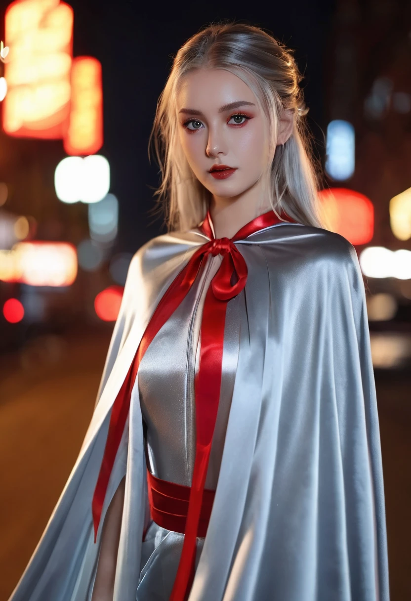 (RAW Photo) , (highly detailed:1.20) , ultra realistic :1.10) ,sexy girl in her 20s , (perfect face:1.20) , (detailed red eyes:1.20) , with long silver hair in ponytail , (((long silver satin cape tied at the neck with a ribbon :1.20))) , naked  , full body, walking down street at night , high-quality ultra realistic style, detailed eyes, professional, expressive , 8K , highly detailed , professional,