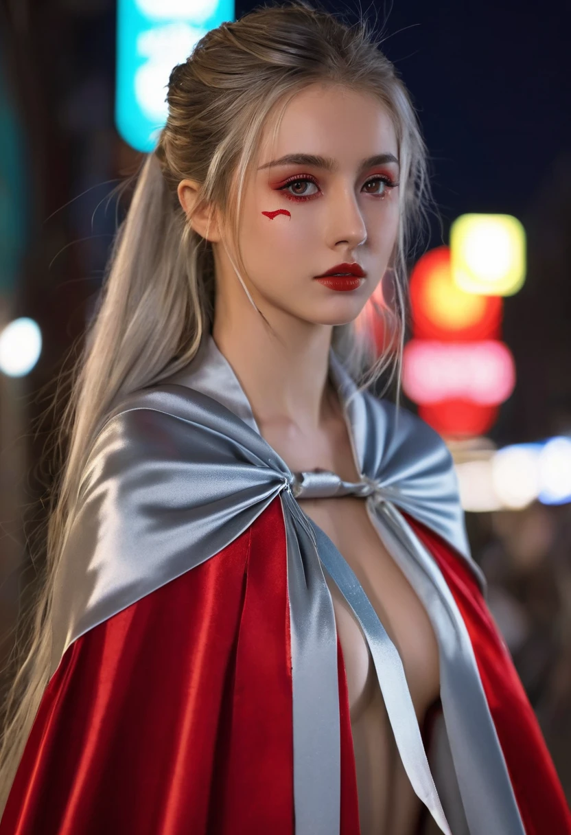 (RAW Photo) , (highly detailed:1.20) , ultra realistic :1.10) ,sexy girl in her 20s , (perfect face:1.20) , (detailed red eyes:1.20) , with long silver hair in ponytail , (((long silver satin cape tied at the neck with a ribbon :1.20))) , naked , full body, walking down street at night , high-quality ultra realistic style, detailed eyes, professional, expressive , 8K , highly detailed , professional,