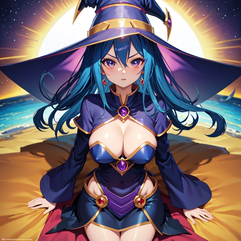 Dressed like the Dark Magician Girl from Yu-Gi-Oh!、View your viewers、A fixed look、big breasts、Emit an aura、Bad looking