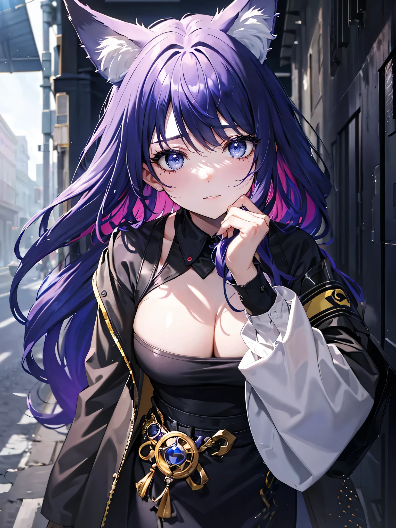 (masterpiece,best quality,ultra-detailed),1girl,(multicolored hair,blue yellow red purple hair),messy hair, black shirt,black jacket,(fox ears),beautiful eyes,(colored skin, grey-blue skin),in a alleyway,(grey theme),(pastel colors theme)