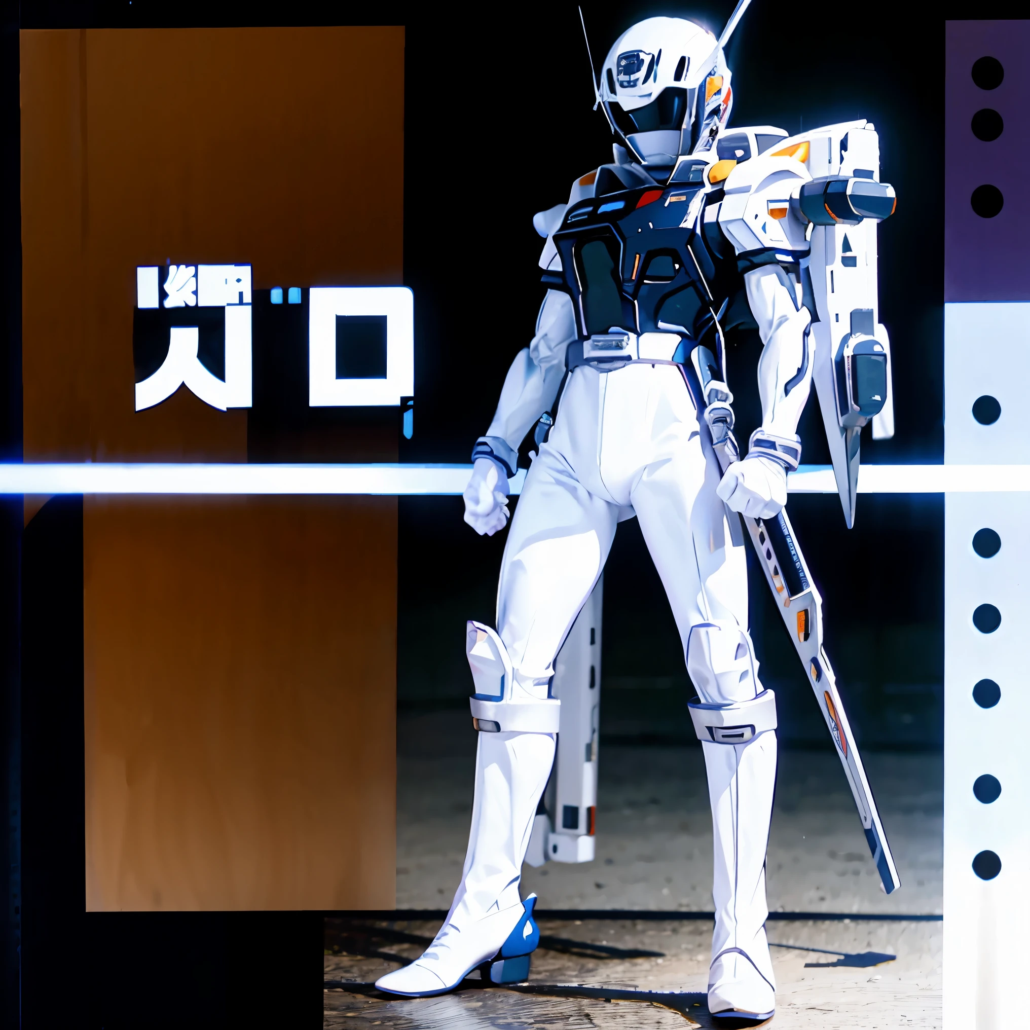 (futuristic, sci fi)Male in all white body suit, blonde hair, white gloves, full body suit, hands visible, hair visible, pale skin, beautiful face, masterpiece, white futuristic mask covering mouth, eyes visible, evil intent, weapon in hand, soldiers in background, weapon visible