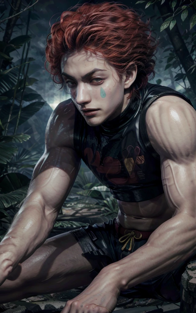 (best quality), high quality, very high resolution, (ultra detailed), 8k, (hyper realistic),Ray Tracing, (Hisoka), (Hunter x Hunter), No sleeve, 1 person, ruins, 