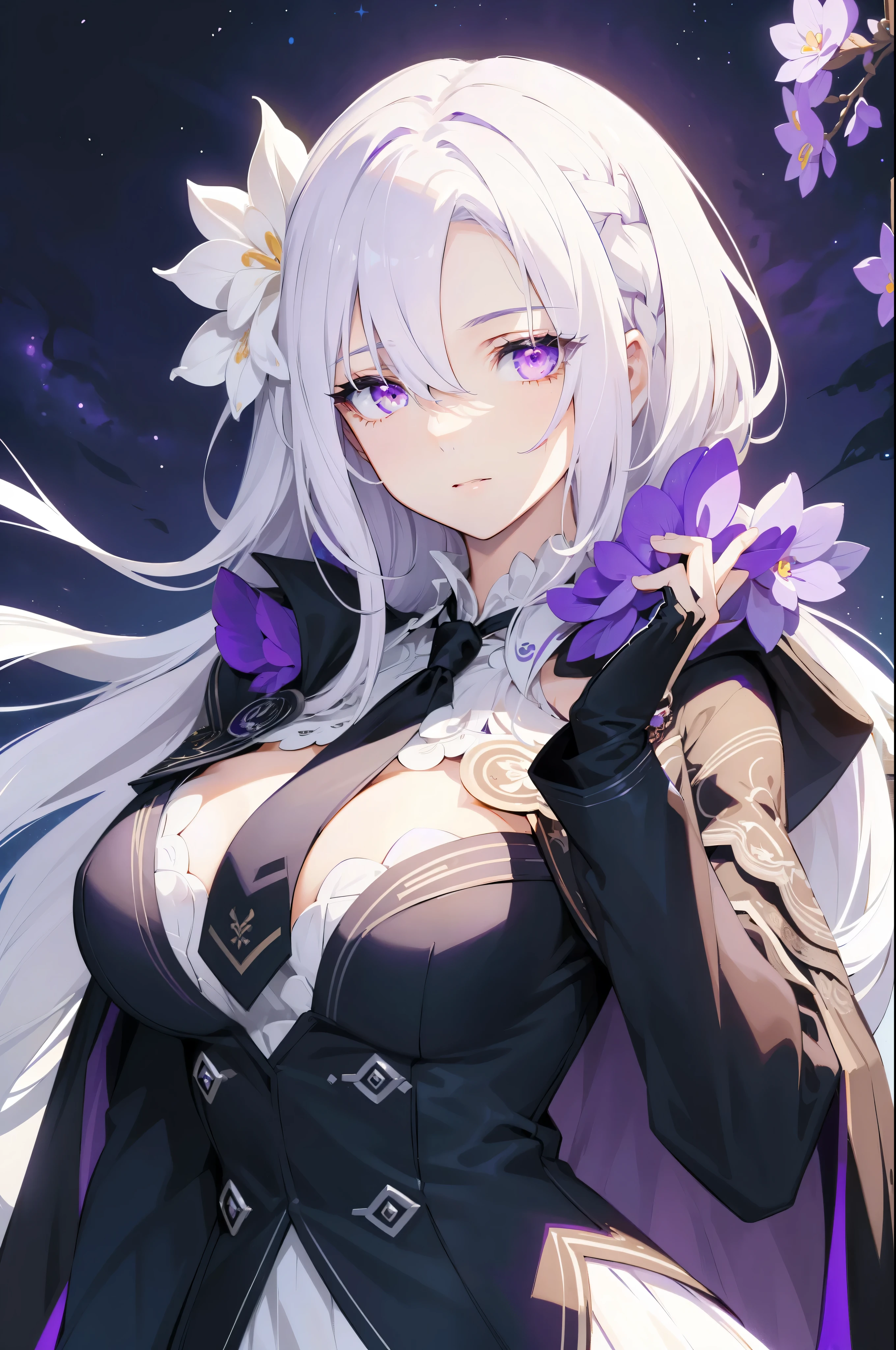 (best quality:1.3), (masterpiece:1.3), (illustration:1.3), (ultra-detailed:1.3), 1girl, (((large breasts))), ((((purple eyes))), (((white hair))), hair ornaments, tall, mature, long hair, upper body, black suit, necktie, cloak, long sleeves, skirt, dressaug, hair between eyes, purple flowers, looking at viewer, hair ornament, night sky, glowing purple flowers, french braids, nice hands, perfect hands,