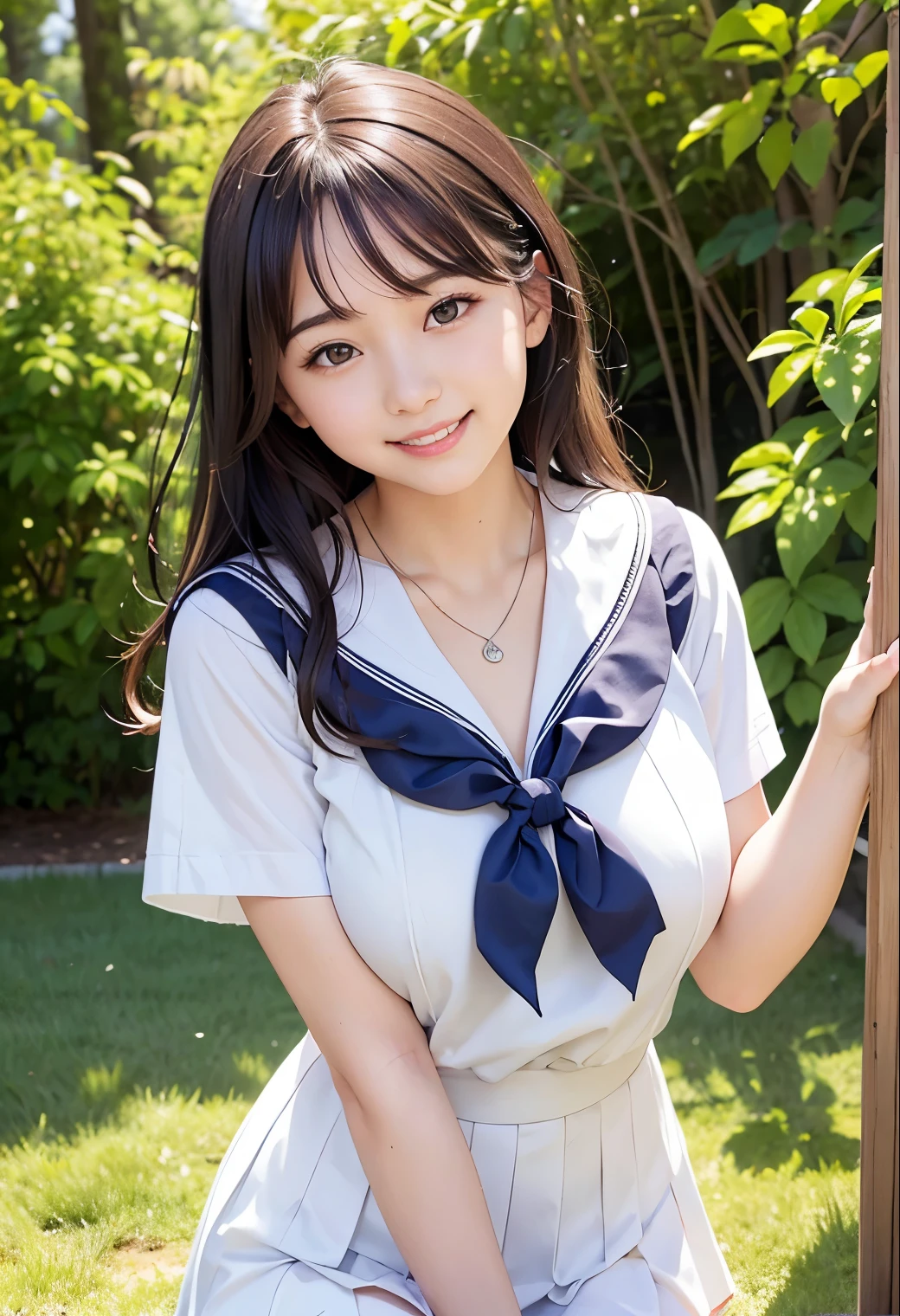 (highest quality,masterpiece:1.3,Ultra-high resolution),(Very detailed、Caustics) (Photorealistic:1.4, RAW shooting、)Ultra-Realistic Capture、very detailed、Natural skin texture、masterpiece、(Junior high school sailor uniform:1.3)、short sleeve sailor suit、1 Japanese girl、adorable expression、expression of happiness、14 years old、Young Face、Amazingly cute、Shortcuts、Black Hair、necklace、light makeup、Big breasts that look like they're about to burst、Bare arms、This photo was taken in a private garden.、Shining thighs、Smile、Don't show your teeth、An inviting gaze、The exact number of fingers on both hands、