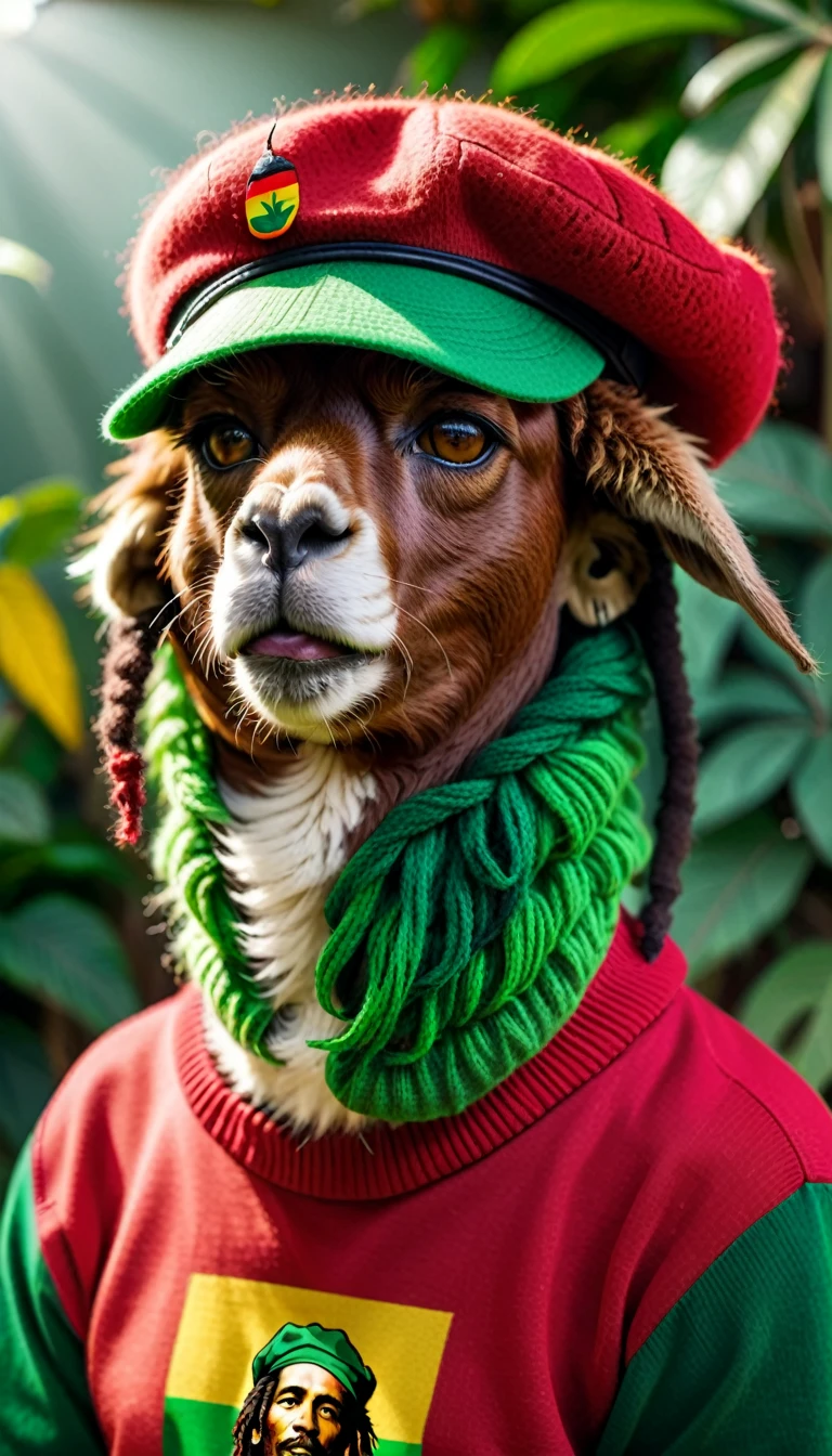 realistic photo, anamorphic alpaca, alpaca and reggae, Jamaican style, alpaca wearing a reggae-style red and green beret, a T-shirt with Bob Marley, a joint in the mouth, chillout,  raw photo, shallow depth of field, Immersive background