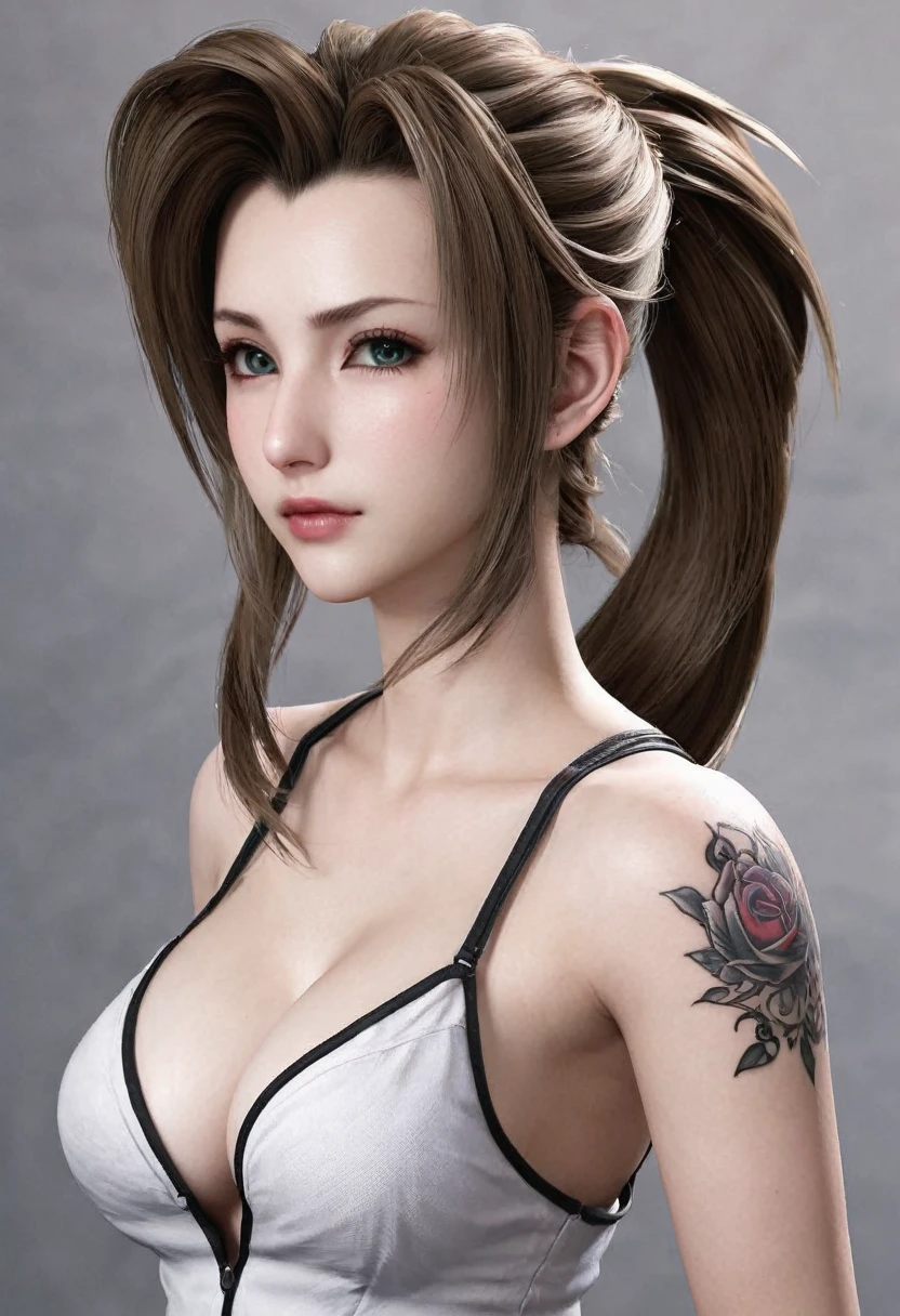 1 realistic MIAOKA _ Aerith 】(Unique Edition)Alice, tattooed girl,tattooed breast, tattooed Sternum, stomach 
 tattooed back,tattooed arms, tattooed legs, tattooed vagina, tattooed ass, ultrarealistic detailed face,thin curved eyebrows, long luscious  eyelashes, black eyeliner, black eye shadow, rosie cheeks, dark lipstick,  large voluptuous curved breasts, complete fullbody, back drop of final fantasy midgar daytime 