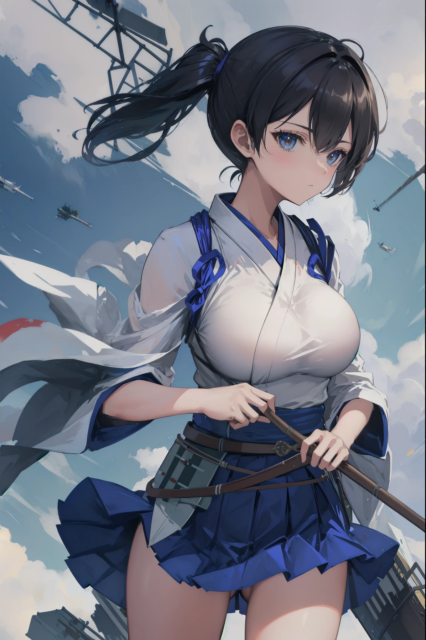 Kaga(Fleet Collection),highest quality, masterpiece, High resolution,kimono,blue skirt,side ponytail,big_breasts,