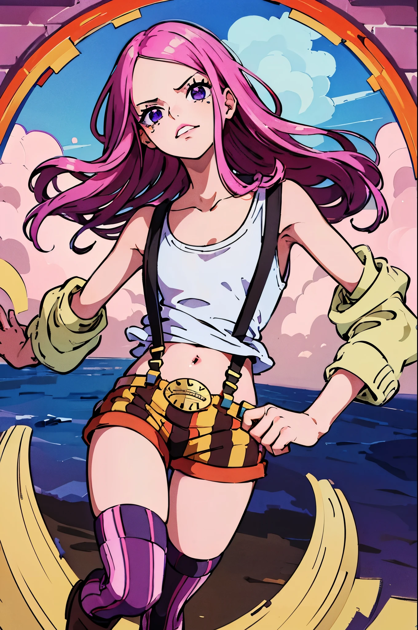 (masterpiece, best quality:1.2), expressive eyes, perfect face, highres, 1girl, solo, (small:1.5), kid, JewelryBonneyV2, lipstick, purple eyes, pink hair, long hair, white tank top, suspenders, thighhighs, striped shorts, brown boots, straight hair, standing, upper body, looking at the viewer