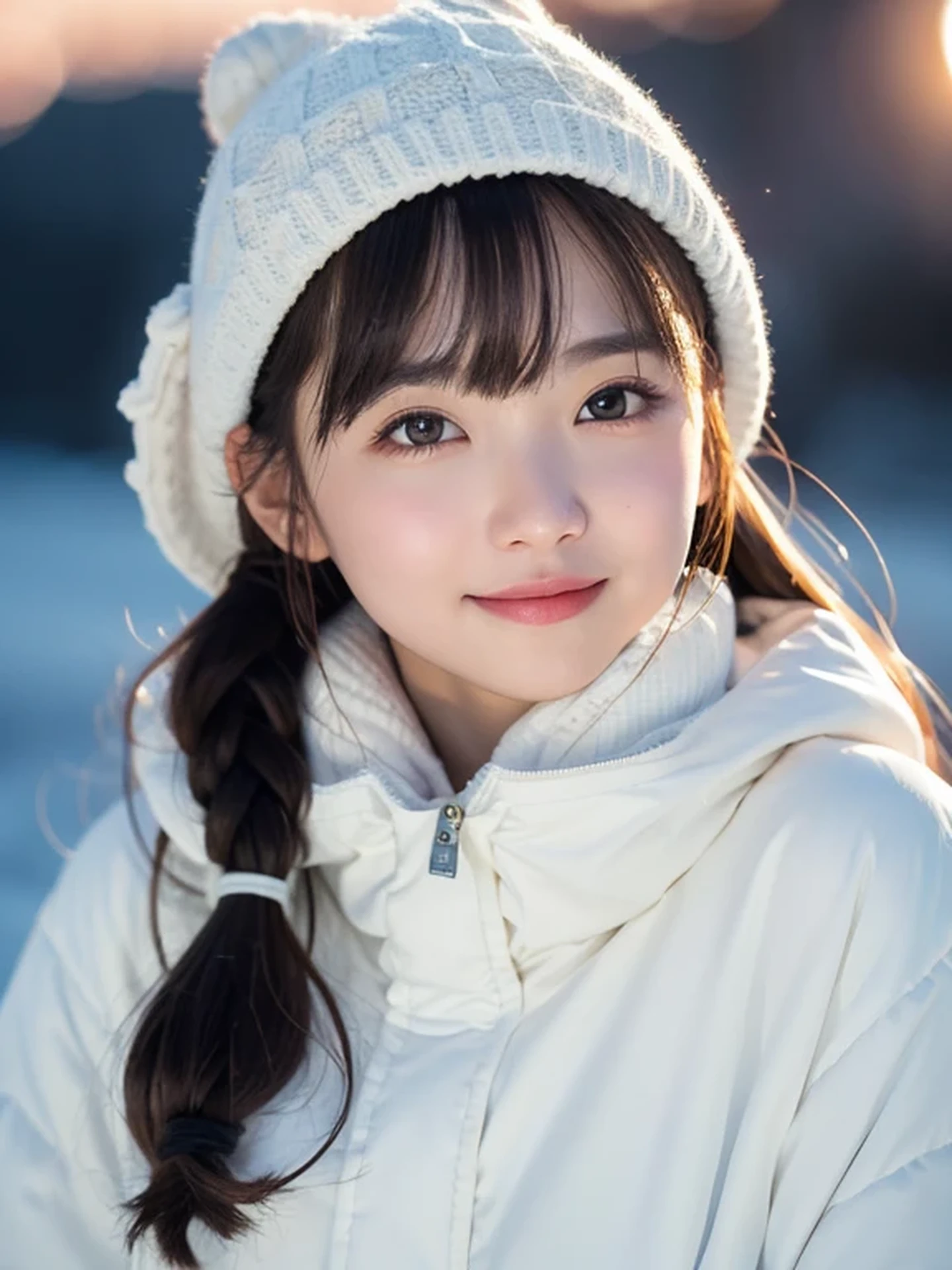 masterpiece, Best Quality, Raw photo, 8K, ultra-detailed face, 1girl, full body, Beautiful detailed skin, backlight, soft light, bashful, (shoot from front:1.2), happy smile, open your mouth to say something, Luminescent, Anatomically correct, Eyes and faces with detailed, Textured skin, Professional Photography, Bokeh, Portrait, Professional Lighting, Solo, Cute, Girly, Film grain, A world of ice, warm clothes to survive the cold winter,
