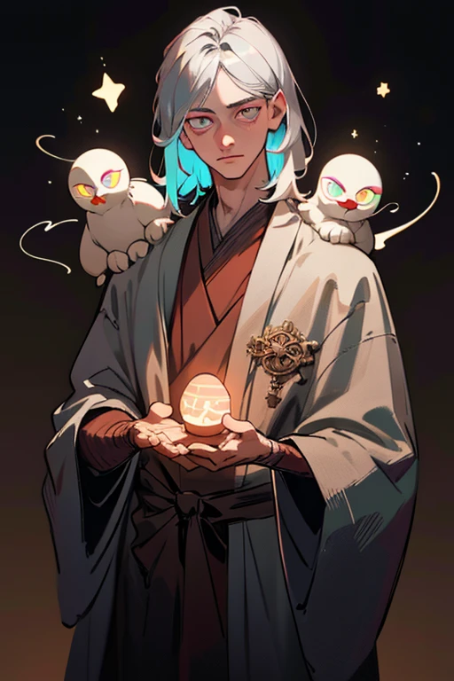 realistic, masterpiece, best quality, colorful,(finely detailed beautiful eyes and detailed face),nature lighting, extremely detailed CG unity 8k wallpaper,
1boy, solo, tall muscular guy,
Clothes: intricate wizard robe,
Appearance: silver hair, light colored pupils, handsome,
Behavior: cupping hands, glowing star \(symbol\),
background: simple background,