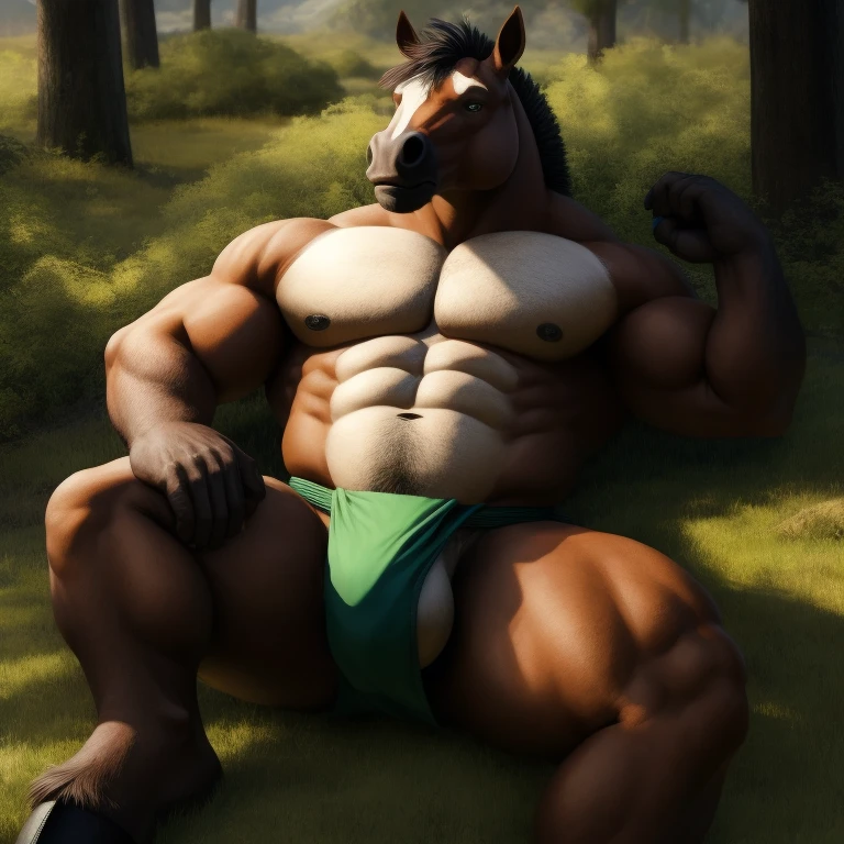 Furry, Antro, [Horse color Marron Oscuro metal] , Lying on your back, [Fundoshi Bulto Male Big], [Fundoshi BLANCO], Solo, [Bulto Male Big], Hooves , Big Balls, Detallado 4k, cuerpo completo, cuerpo furry Blanco dark, fondo Pradera Verde, pupil Eyes blue, Alta resolucion, 