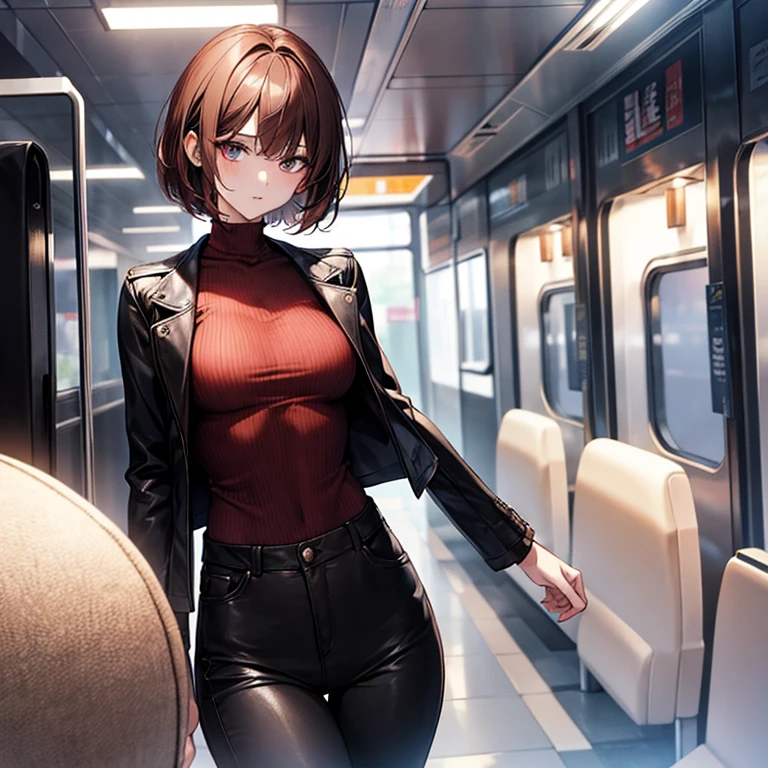 Masterpiece、Subtle details、Korean women、Beautiful nape、One adult woman、Sophisticated、On a city train、Slender beauty、delicate、Model-like body、Cut and sew、Knitwear with a high neck、leather jacket、Riders jacket、Low rise skinny pants、tall、Stylish、Small breasts、Sharp Eyes、Cool Beauty、older sister、Pixie Cut、The hair ends are trimmed、short nape、Hair with reduced volume、Thick-soled boots、Reddish brown hair、