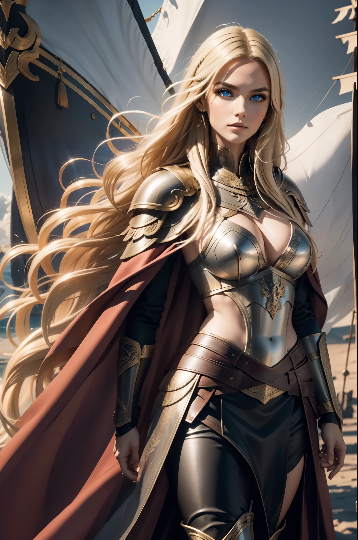 Beautiful Woman, Valkyrie, Long blonde hair, blue eyes, detailed facial features, proportional hands, proportional fingers, leather armor, fur cape, viking ship,