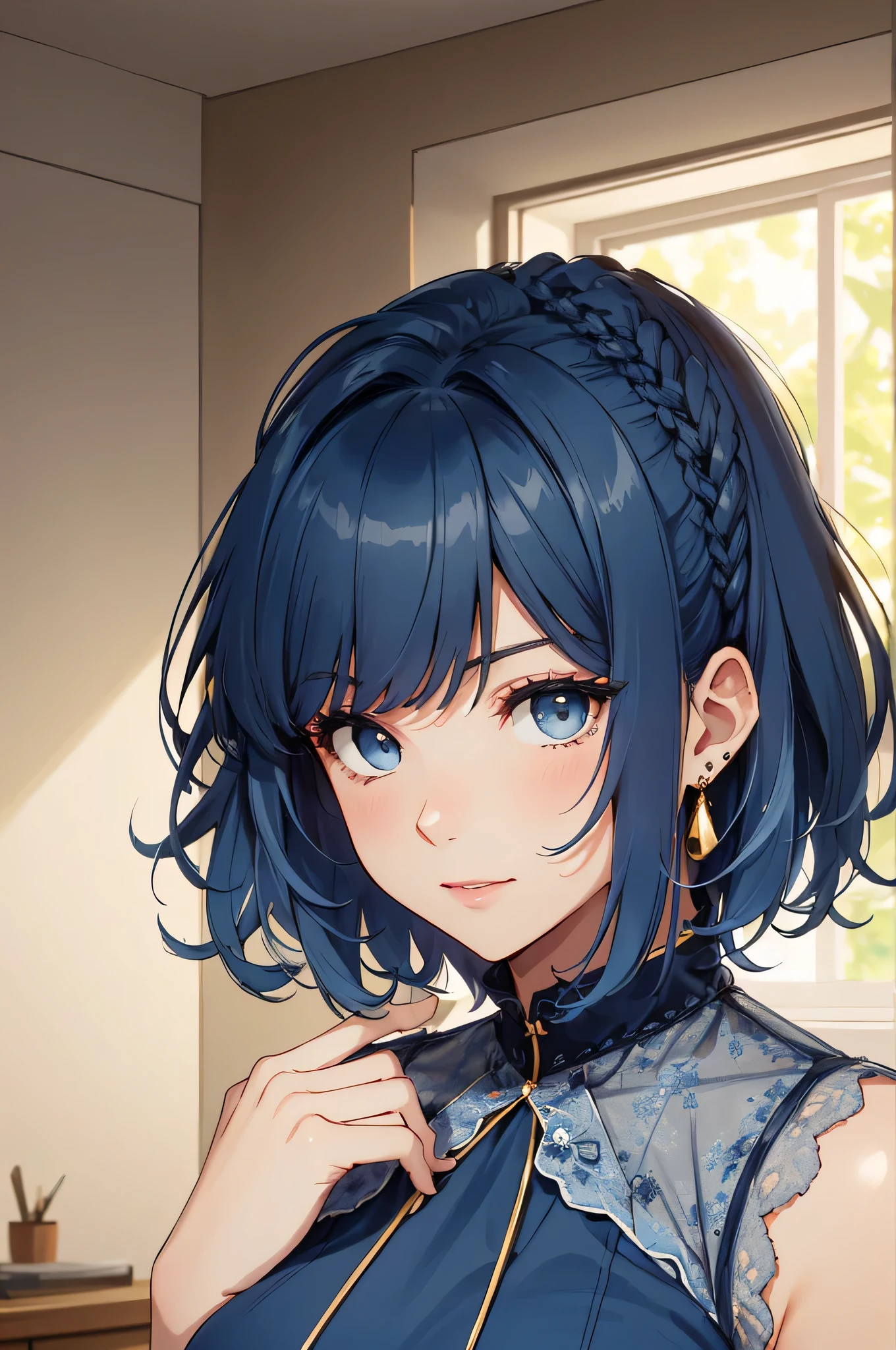 (masterpiece:1.2), (highest quality:1.2),, Curvy but slender body, ((1 adult female:1.7))、Perfect Eyes, Perfect Face,The exact number of fingers、Exact number of legs、Exact number of arms、bangs, Perfect lighting, 1 married woman,Bust size 200,big breasts(China dress:2.0)、((beautiful pale pink nipples:1.0)),,Publish one'Chest、、Beautiful nipples、Publish one'Chest、beautiful big breasts(Erect nipples:1)、Sexy appearance、Detailed indoor scene, Compensate, eye shadow, Thick eyelashes, Fantasy, Watching the audience, whole body、blue sky、Bright and beautiful face、young and white shiny skin,、The ultimate beauty、the most beautiful black hair in the world、Thin Hair、((Medium blue hair:1.8))(inward curl hair:1.8)、Shining beautiful Bangs、Big Blue Eyes、The most beautiful girl in the world、Extremely detailed CG, (Perfect hands, Perfect Anatomy),Embarrassed look、Sexy appearance、Mouth half open、sexually excited look、16k、One earring in each ear, With background((bed)))Tabletop、Visual Arts、Written boundary depth、Golden Necklace,