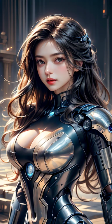Realistic picture 8k,complete anatomy,Highly detailed,High quality,Great dynamic composition,Masterpiece,Natural light is bright and easy on the eyes.,Light hits from the front and sides of a young woman with long, flowing hair.,Eyes looking at the camera,cybernetic robot,Body Bikini Suit,electrical machinery,red white gold metallic,A faint blue light shot out from the armored body.,in the early morning