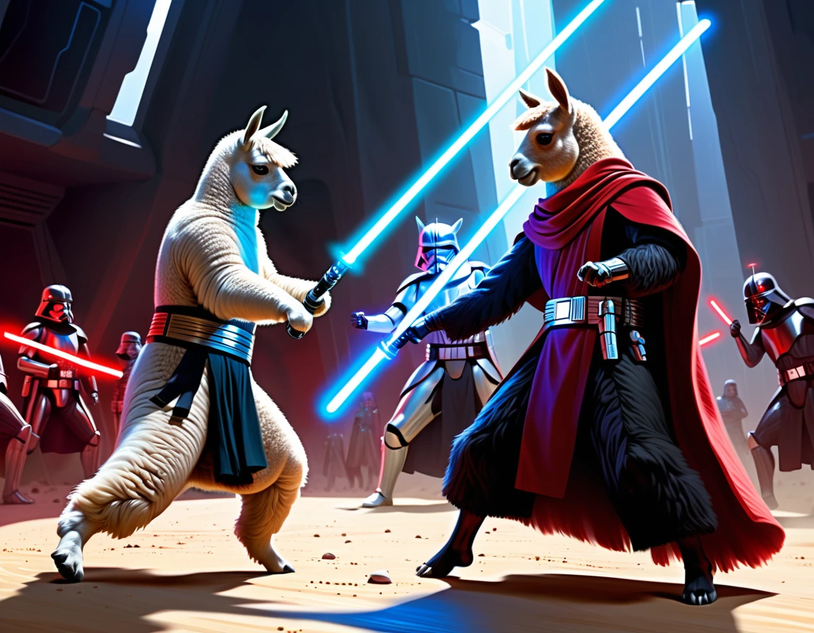 Digital painting, realistic, absteact, 2 alpacas, anamorphic alpacas, star wars, alpacas fight each other with light saber, one is Red and one is blue, sith alpaca fight with Jedi alpaca, sith armor and jedi knight outfit, star wars style, fantasy, sci-fi, realistic, Masterpieces, 8k