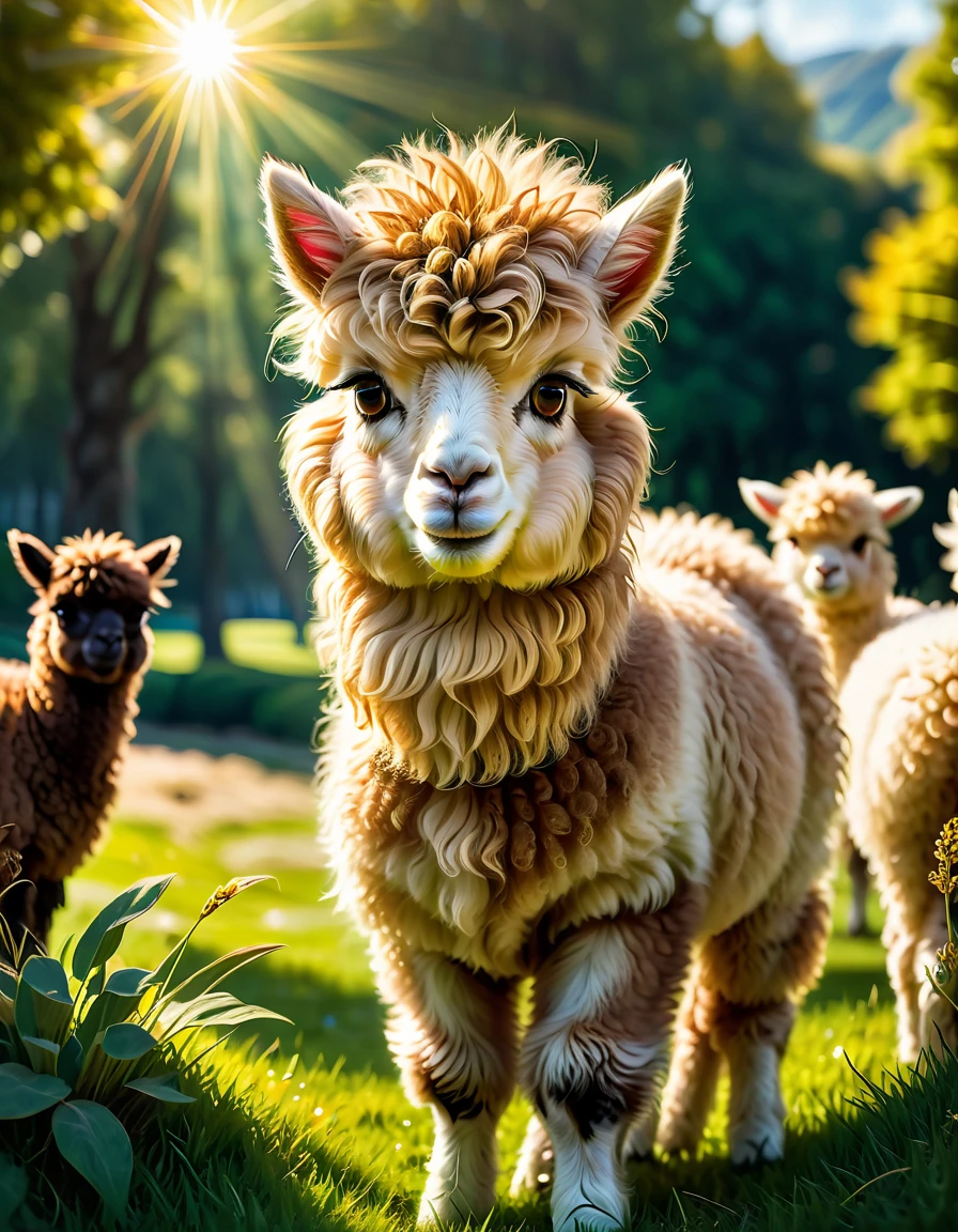 fluffy alpaca,furry,curly hair,large expressive eyes,nose twitching,gentle temperament,grazing peacefully in a colorful meadow,sunlight filtering through the trees,soft wool,followed by its adorable cria,lush green grass,sweet expression,friendly animal,subtle shades of brown and beige,beautiful landscape,pastoral scene,high resolution image (best quality,4k,8k,highres,masterpiece:1.2),vivid colors,naturally lit,sharp focus,bokeh,photorealistic,professional