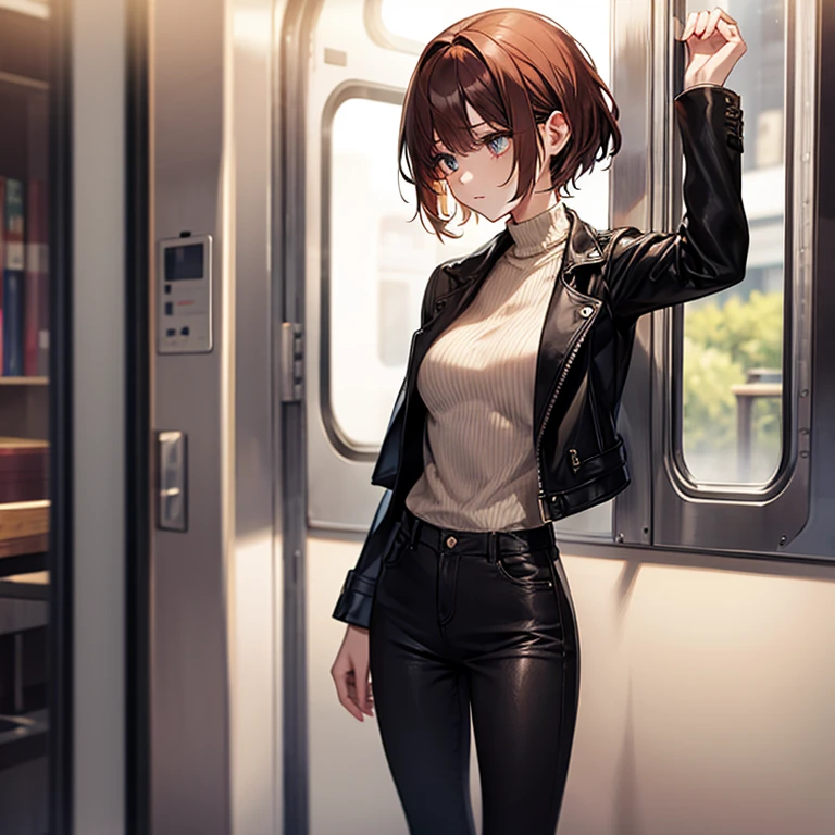 Masterpiece、Subtle details、korean women、One adult woman、Sophisticated、On a city train、Slender beauty、delicate、Model-like body、Korean Fashion、Sideboob、camisole、leather jacket、Riders jacket、Low rise skinny pants、tall、Stylish、Small breasts、Korean Makeup、Sharp Eyes、Cool Beauty、older sister、Pixie Cut、The hair ends are trimmed、Asymmetrical bangs、short nape、Hair with reduced volume、Thick-soled boots、Reddish brown hair、