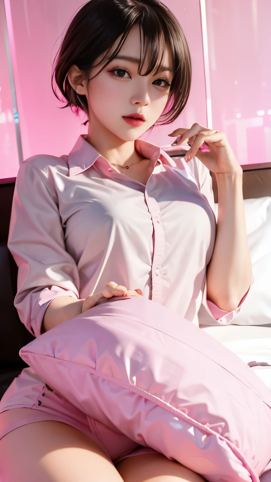 random pose、Japanese high school girl、high school uniform、light pink shirt、lying in bed、、japanese girl、 girl、small breasts、perfect breasts、perfect skin、perfect body shape、bob hair、wet black hair、bangs whorl、colorful、Light pink panties、spread your legs、