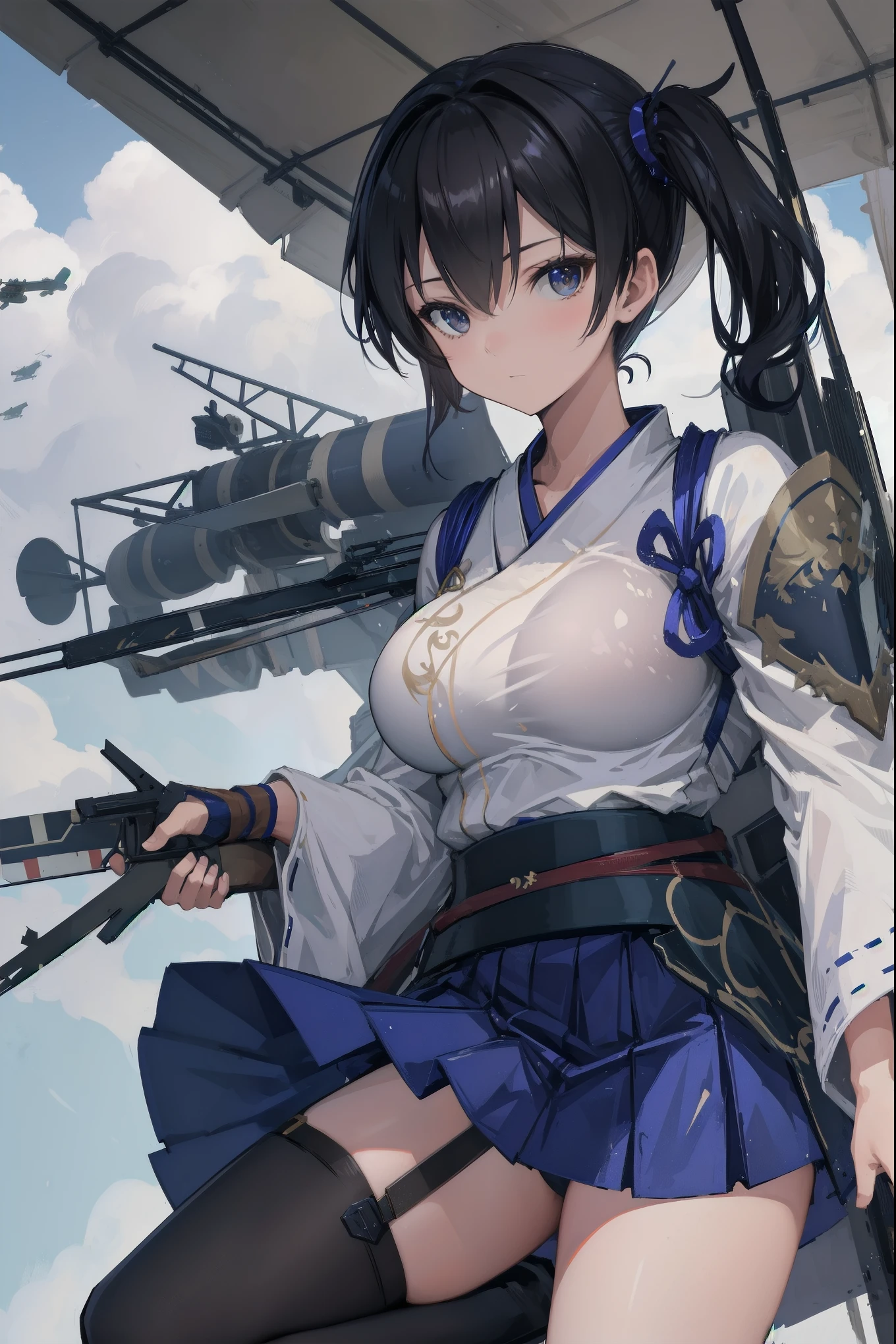 Kaga(Fleet Collection),highest quality, masterpiece, High resolution,kimono,blue skirt,side ponytail,big_breasts,