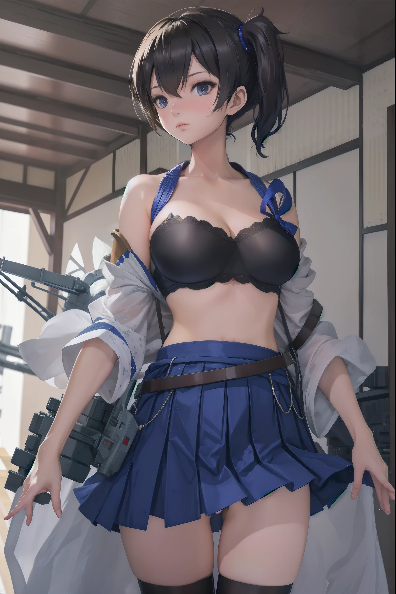 Kaga(Fleet Collection),highest quality, masterpiece, High resolution,kimono,blue skirt,side ponytail,big_breasts,