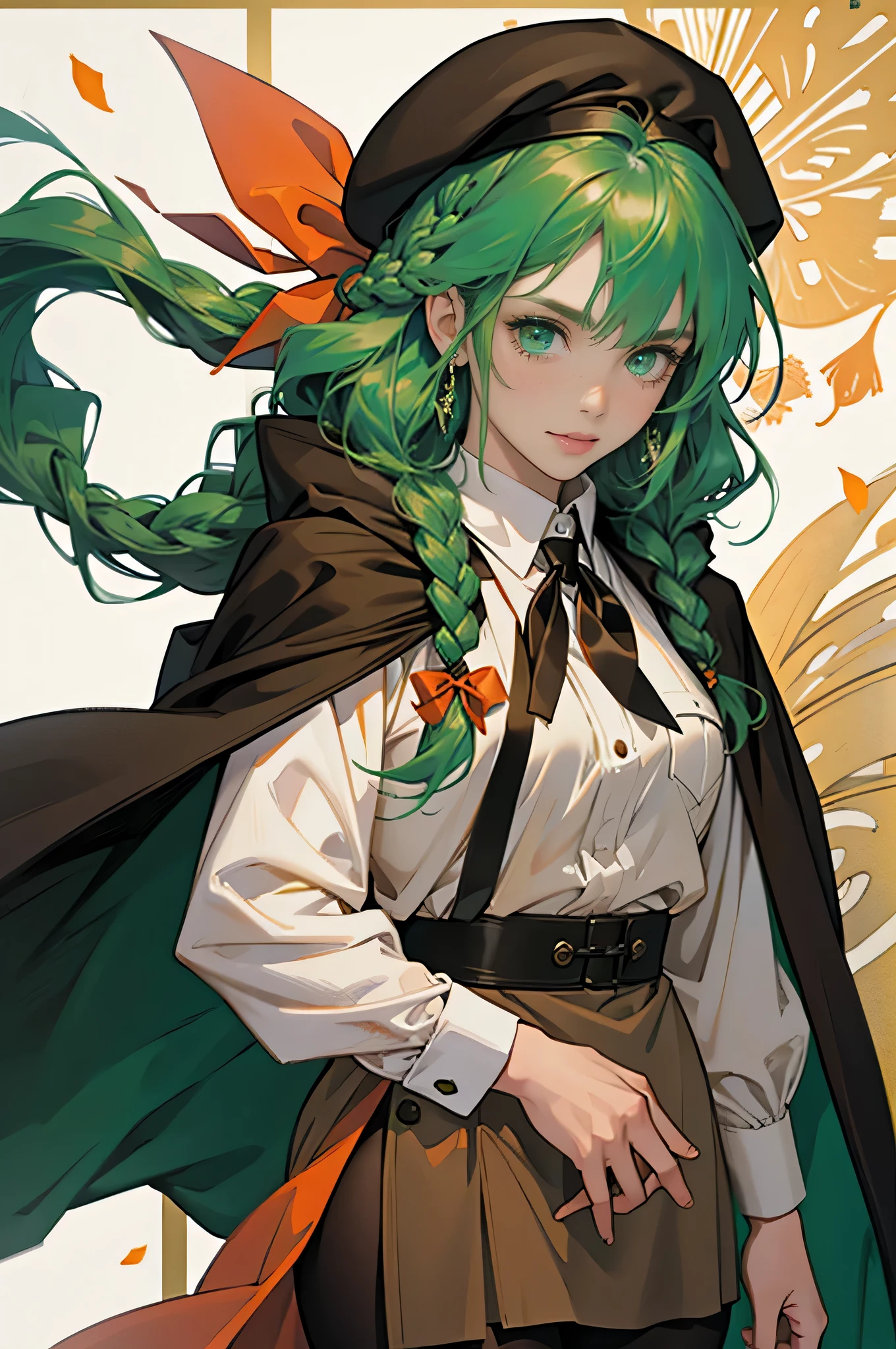 masterpiece, Super detailed, 8K portrait, RAW photo, portrait photography, highly detailed face, beautiful and detailed eyes, ((fantasy)), young and beautiful, smile, 22 years ago, dynamic pose, (((long straight deep green hair))), ((One side is braided with an orange colored ribbon)), dull bangs, beret, white skin color, luxury, hooded (((Dark brown))) (((Silk Long Cloak))) fluttering in the wind, (((dress shirt))), (((silk maxi skirt))), (((dark thigh high tights))), High Cut Leather Boots, (((Lift a long magic wand))), ((Wear a pocket watch)), midday sun, surreal, body model, small breasts, beautiful breasts, long legs, Inside the city, environmental lighting, shadow details , focus the camera on the face, strong wind, light fog