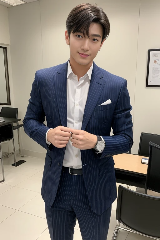 Fresh and handsome 20-year-old new employee、　（Super handsome guy in S-class suit）、　Japanese 20-year-old boy、　merchant、　ultra luxury suit、　striped suit、　office、　Stand up in a suitＳYoung handsome man、　Full body image、　（CG Unity 8K high-detail photos）、　（Very detailedＳHandsome guy in class）、　（Photo real）、　　（（Top quality））、　Ultra Detailed、　（masterpiece）、　Ultra-high quality、　High、　Viewer、　gentleman、　very beautiful hair、　bright photos、　As handsome as a model、　As handsome as an idol、　luxury watch,