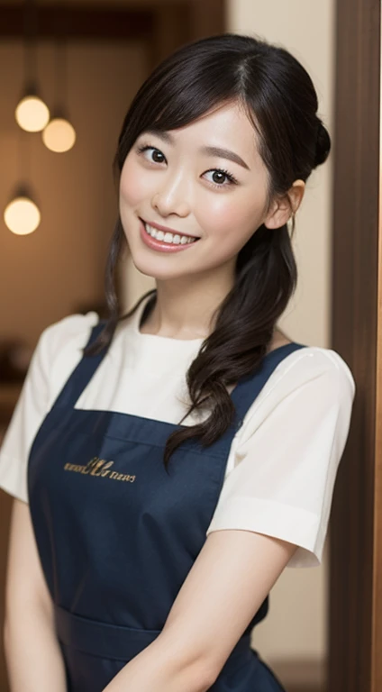 One Woman、Big slanted eyes、smile、naked apron:1.5、The sides of her breasts are visible through her apron、Tie your hair up