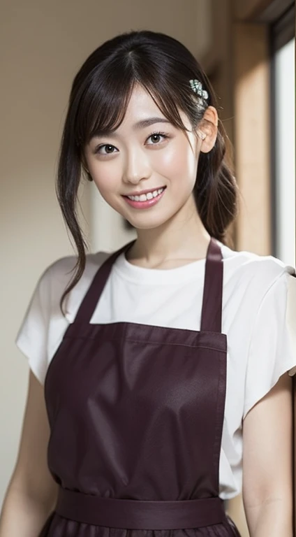 One Woman、Big slanted eyes、smile、naked apron:1.5、The sides of her breasts are visible through her apron、Tie your hair up