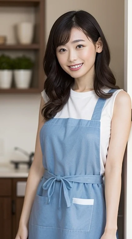 One Woman、Big slanted eyes、smile、naked apron:1.5、The sides of her breasts are visible through her apron、Tie your hair up