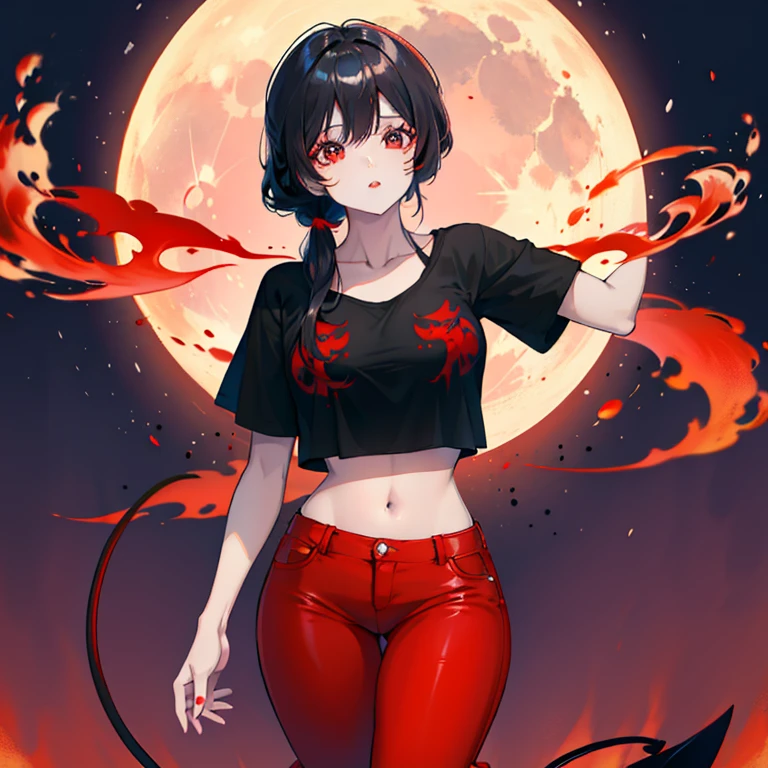 Una chica de cabello negro ojos rojo. Cuerpo completo pechos muy grandes con un lunar al lado Del ojo izquierdo, demon she is wearing a top with red lace and red pants, con dobladillo y tacones. cuerpo completo completo